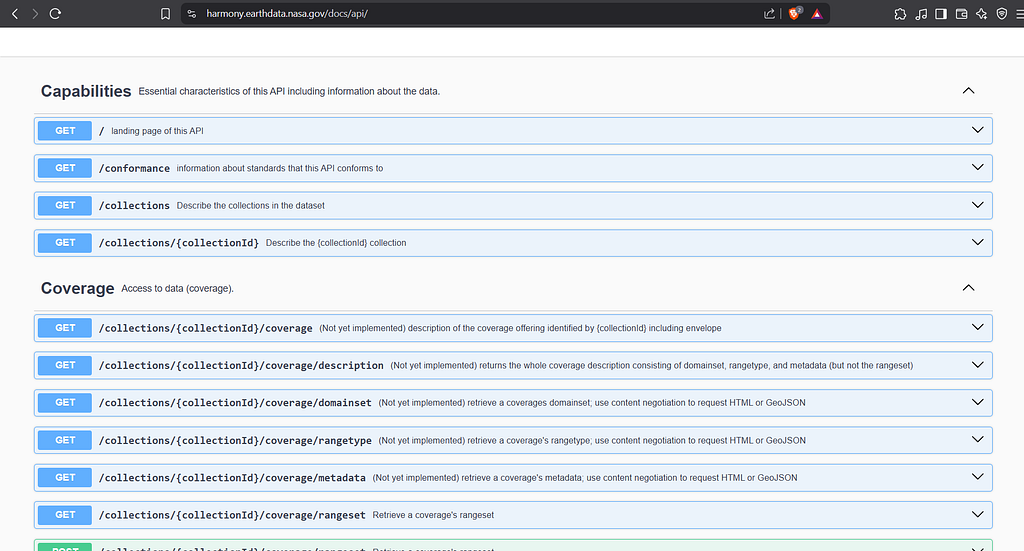 Swagger UI for the NASA Earthdata API, listing the documented endpoints