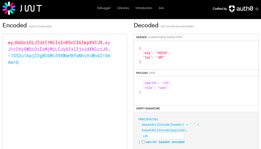 A decoded JSON Web Token in the jwt.io debugger
