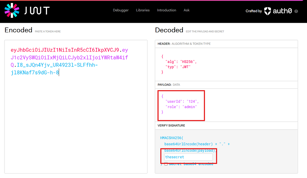 Editing the token payload to change the user id and role to admin, signed with the recovered secret