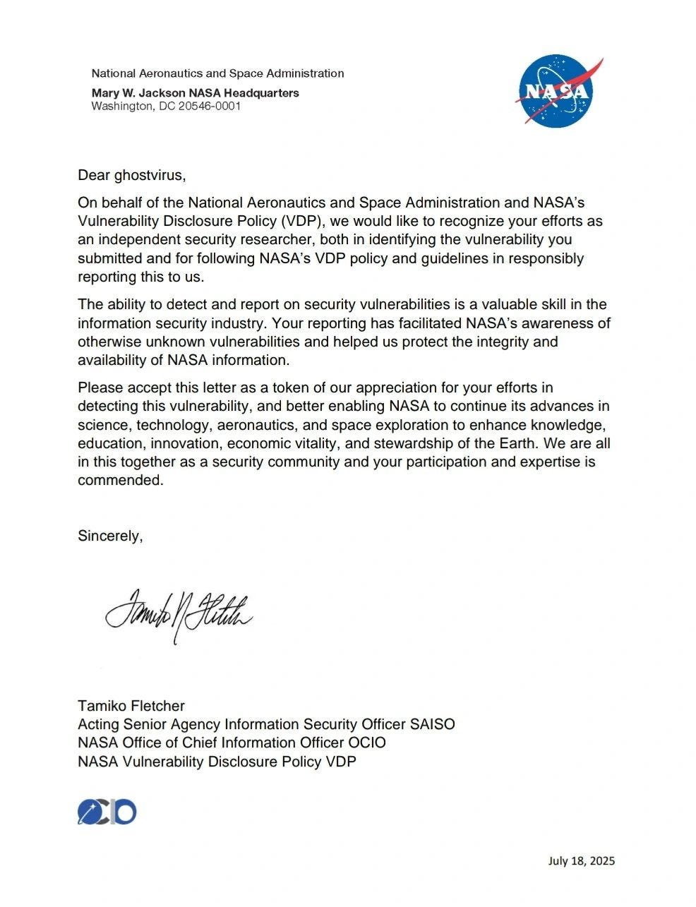 The NASA letter of recognition issued to GhostVirus